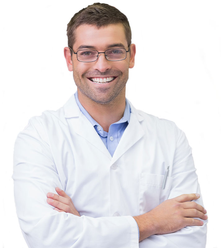 photo of a happy male employee wearing a white lab coat